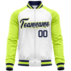 Custom White Neon Green Varsity Full-Zip Raglan Sleeves Letterman Baseball Jacket