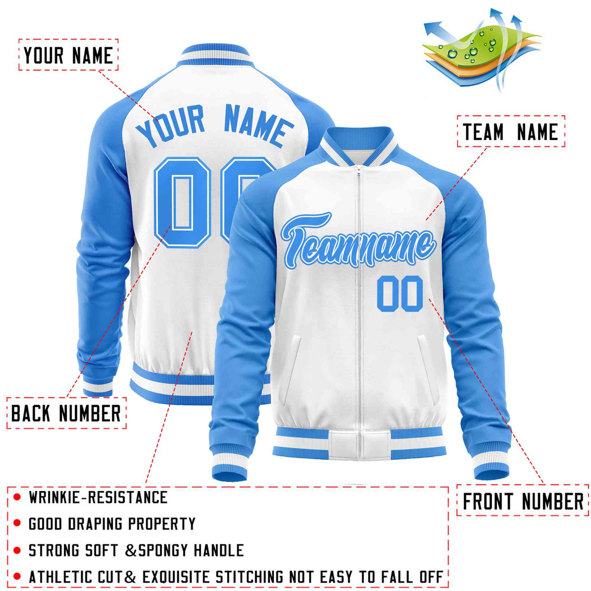 Custom White Powder Blue Varsity Full-Zip Raglan Sleeves Letterman Baseball Jacket