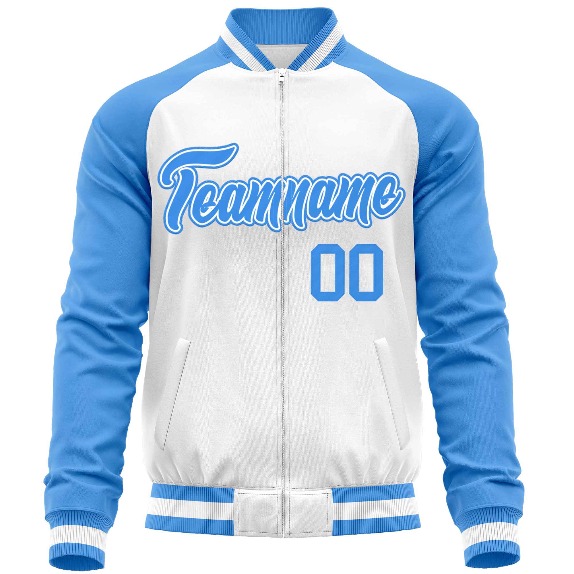 Custom White Powder Blue Varsity Full-Zip Raglan Sleeves Letterman Baseball Jacket