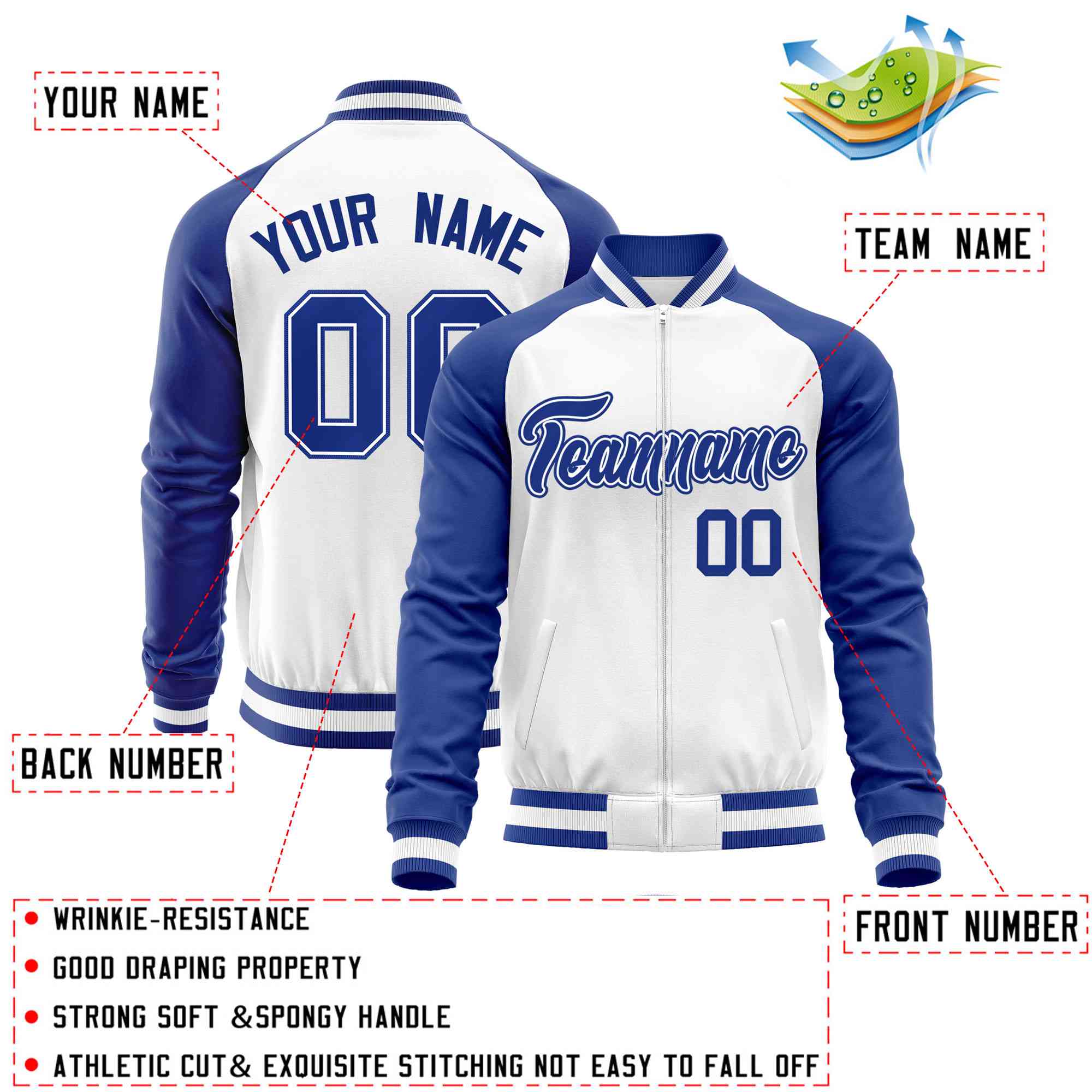 Custom White Royal Varsity Full-Zip Raglan Sleeves Letterman Baseball Jacket