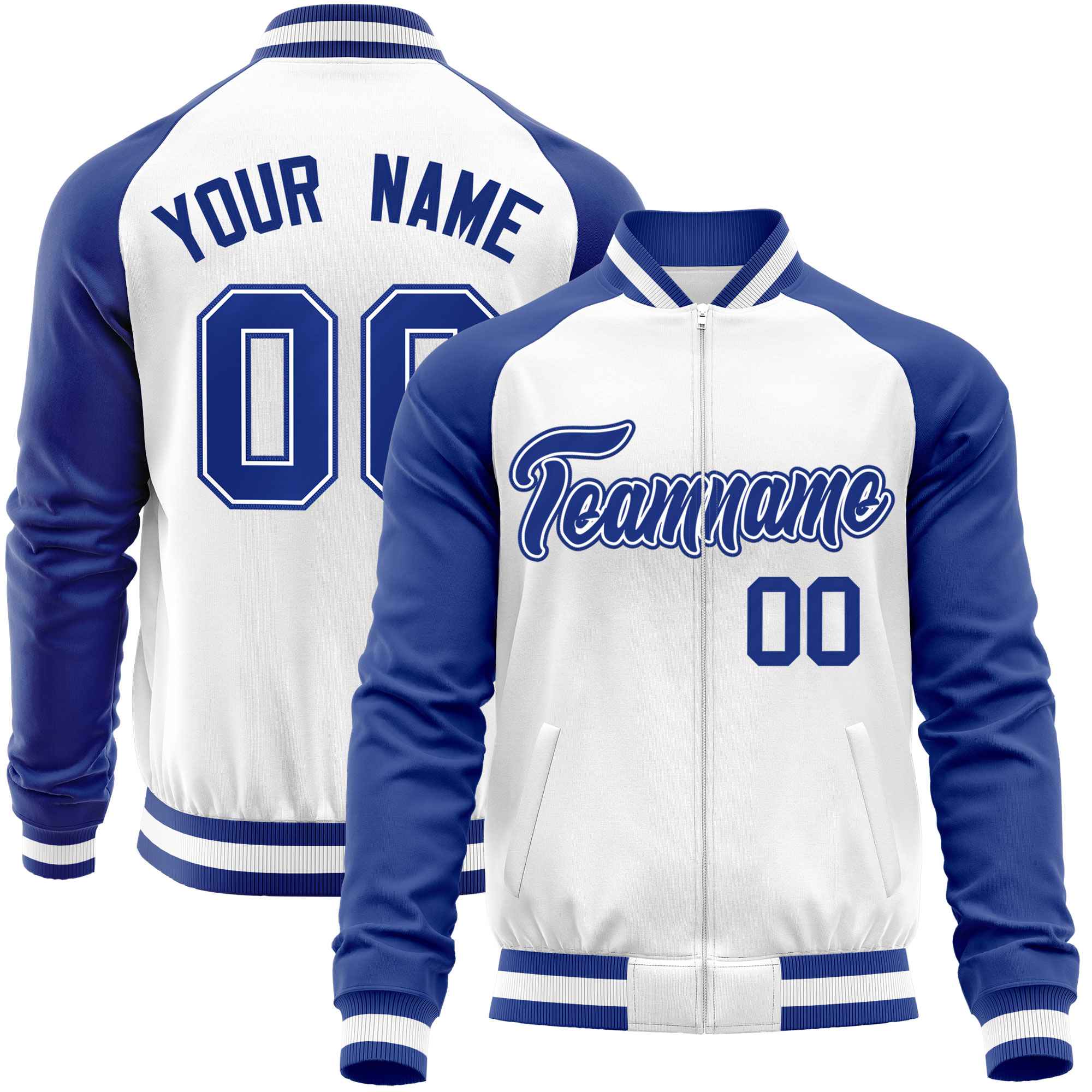 Custom White Royal Varsity Full-Zip Raglan Sleeves Letterman Baseball Jacket