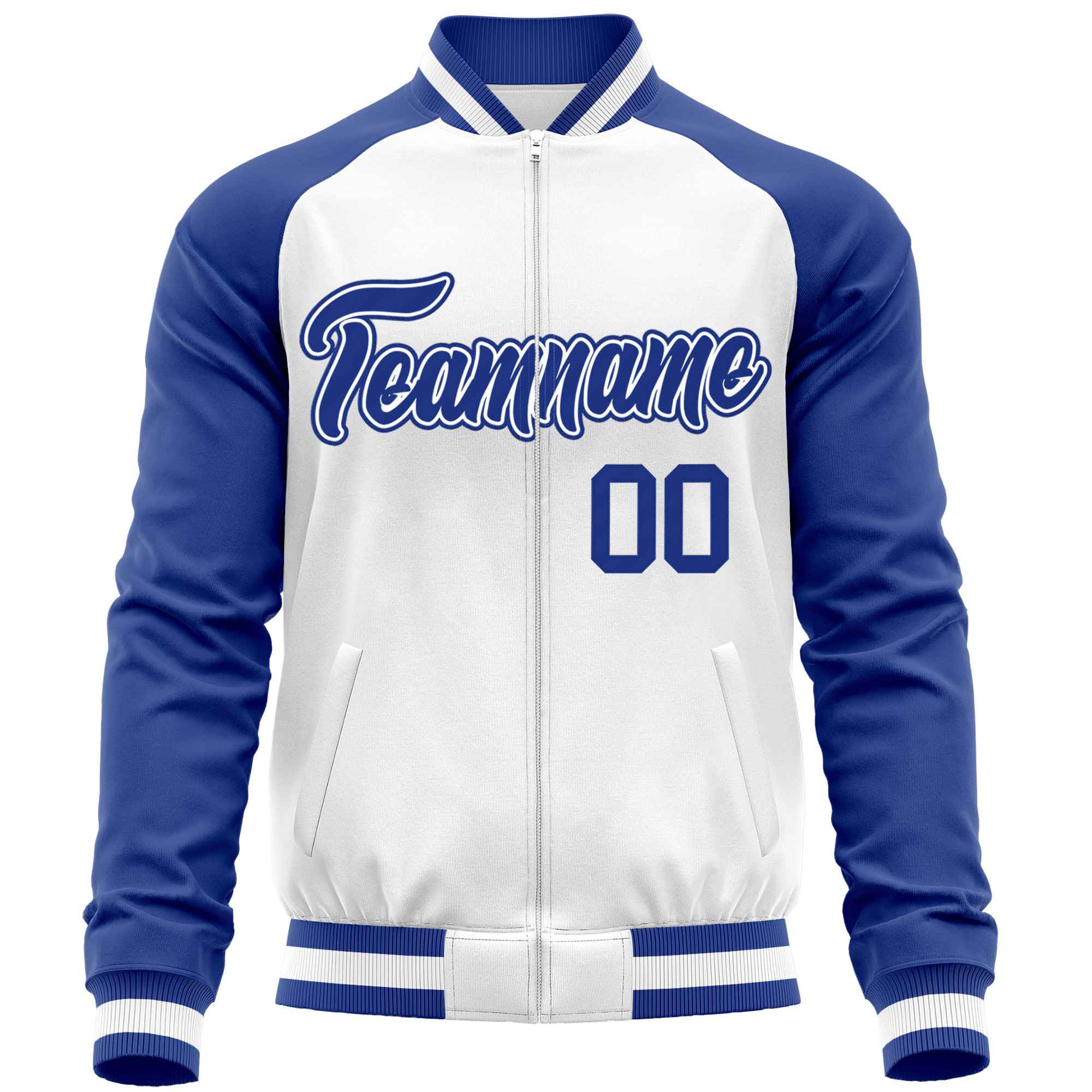 Custom White Royal Varsity Full-Zip Raglan Sleeves Letterman Baseball Jacket