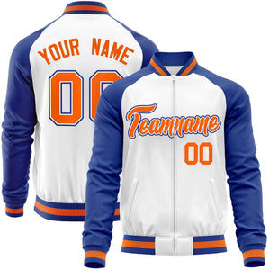 Custom White Royal Varsity Full-Zip Raglan Sleeves Letterman Baseball Jacket