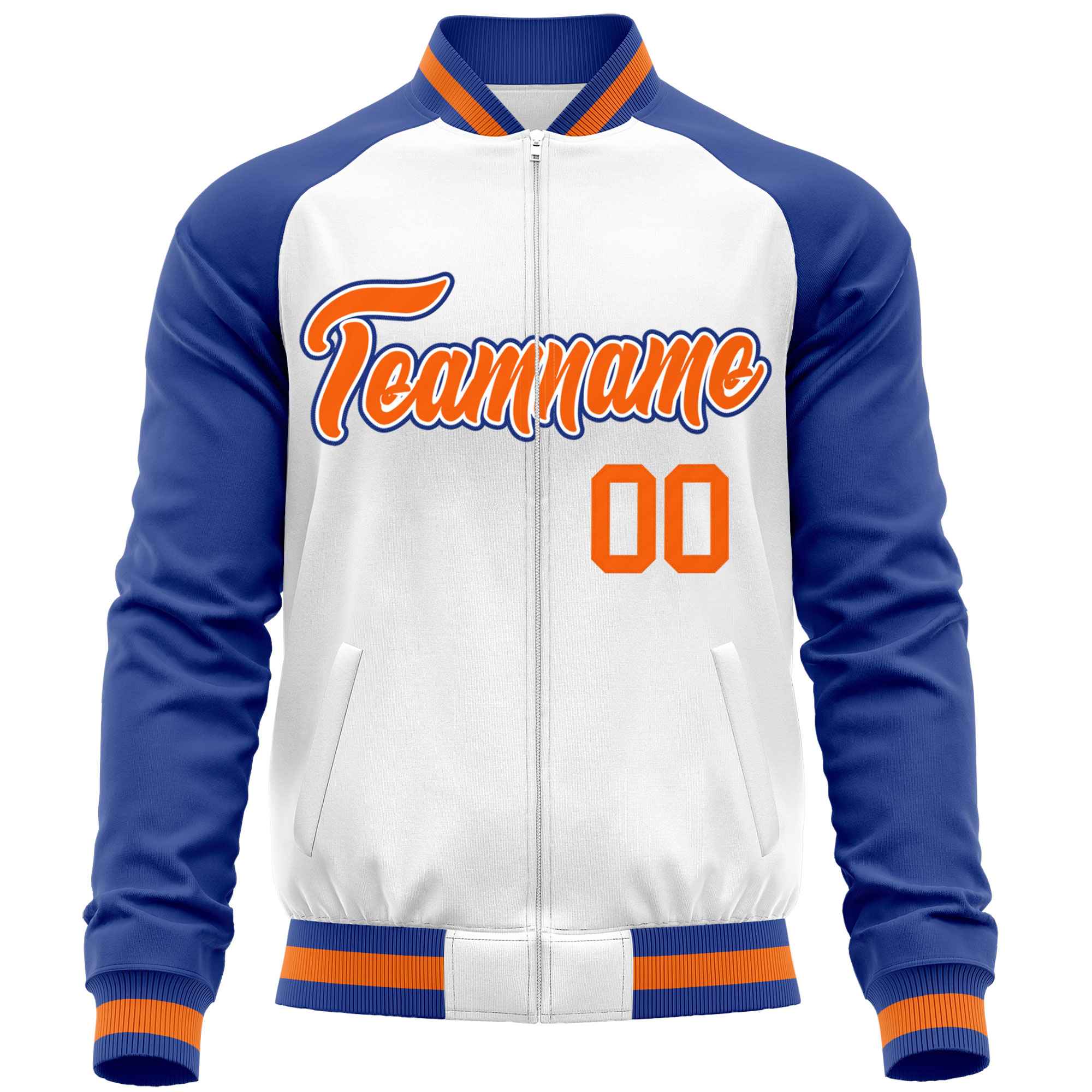 Custom White Royal Varsity Full-Zip Raglan Sleeves Letterman Baseball Jacket