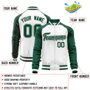 Custom White Green Varsity Full-Zip Raglan Sleeves Letterman Baseball Jacket