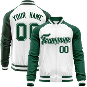 Custom White Green Varsity Full-Zip Raglan Sleeves Letterman Baseball Jacket