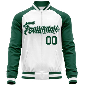 Custom White Green Varsity Full-Zip Raglan Sleeves Letterman Baseball Jacket