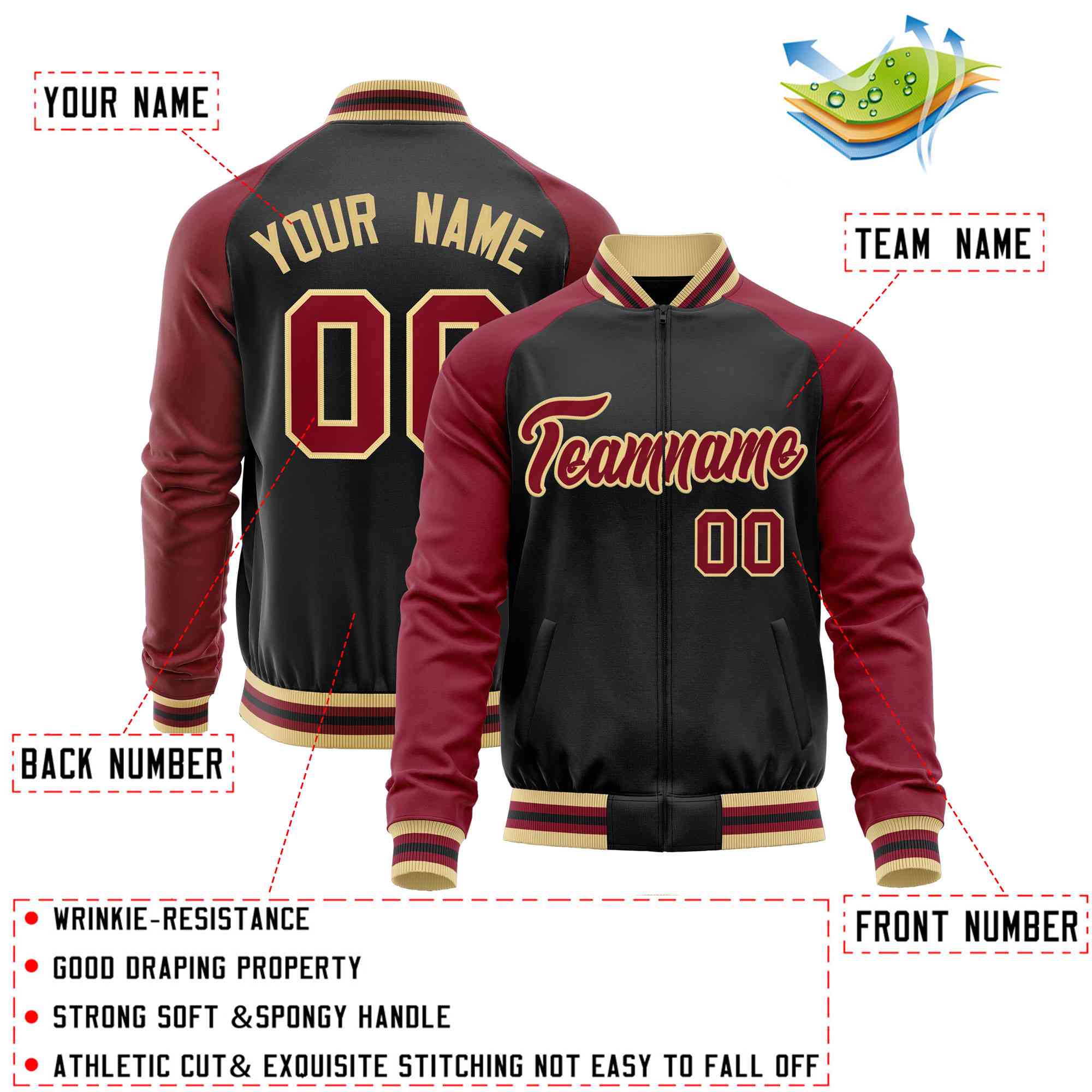 Custom Black Crimson Varsity Full-Zip Raglan Sleeves Letterman Baseball Jacket