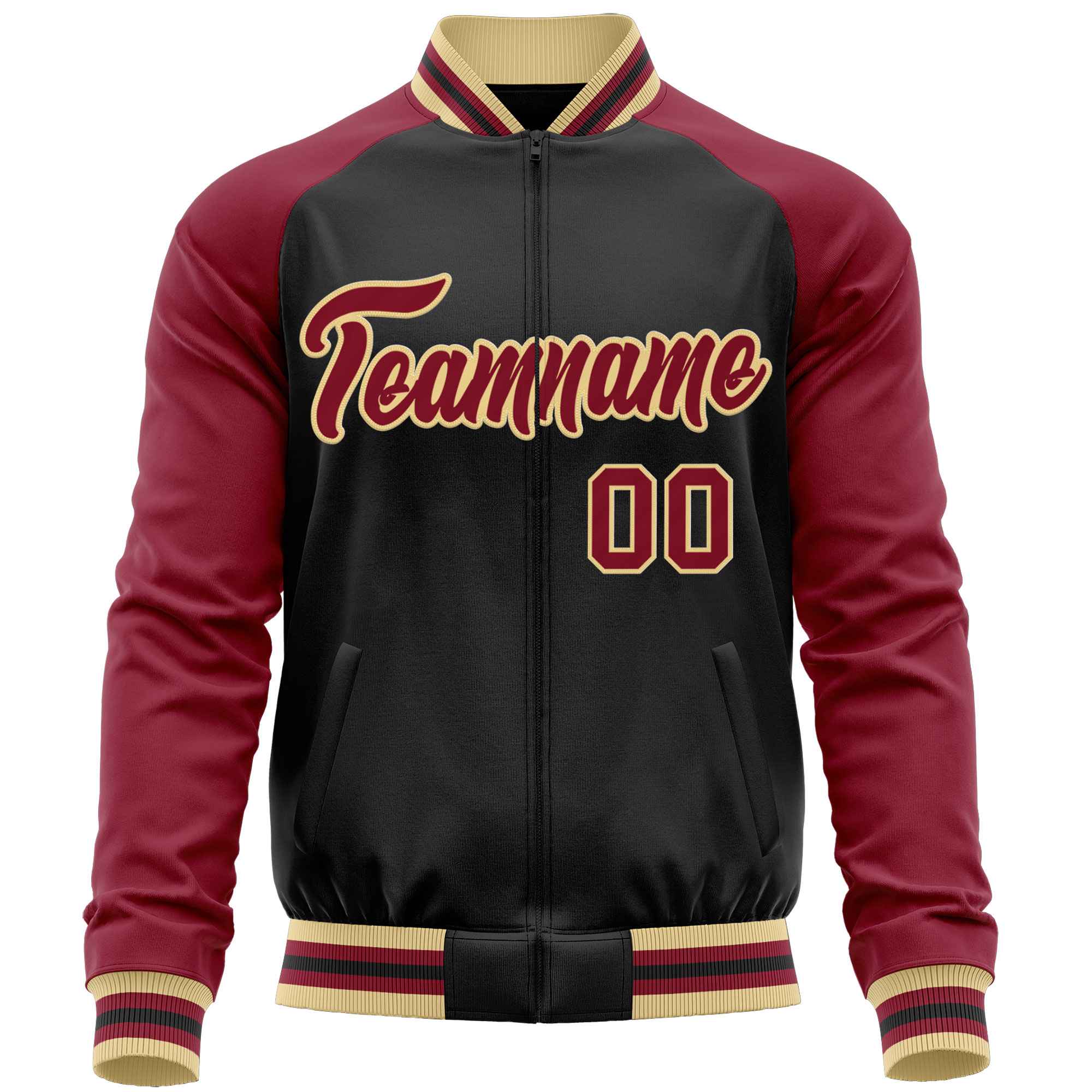 Custom Black Crimson Varsity Full-Zip Raglan Sleeves Letterman Baseball Jacket