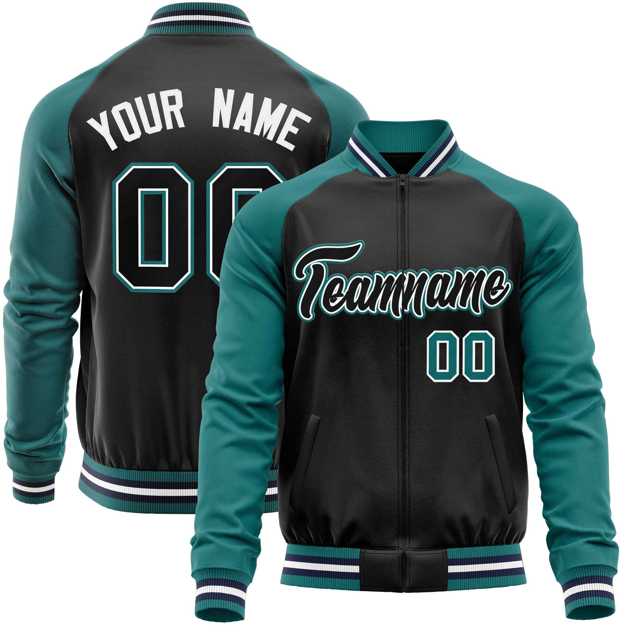 Custom Black Aqua Varsity Full-Zip Raglan Sleeves Letterman Baseball Jacket