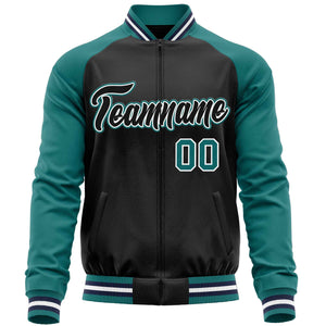 Custom Black Aqua Varsity Full-Zip Raglan Sleeves Letterman Baseball Jacket