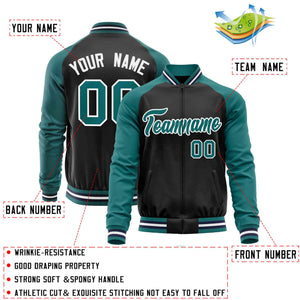 Custom Black Aqua Varsity Full-Zip Raglan Sleeves Letterman Baseball Jacket