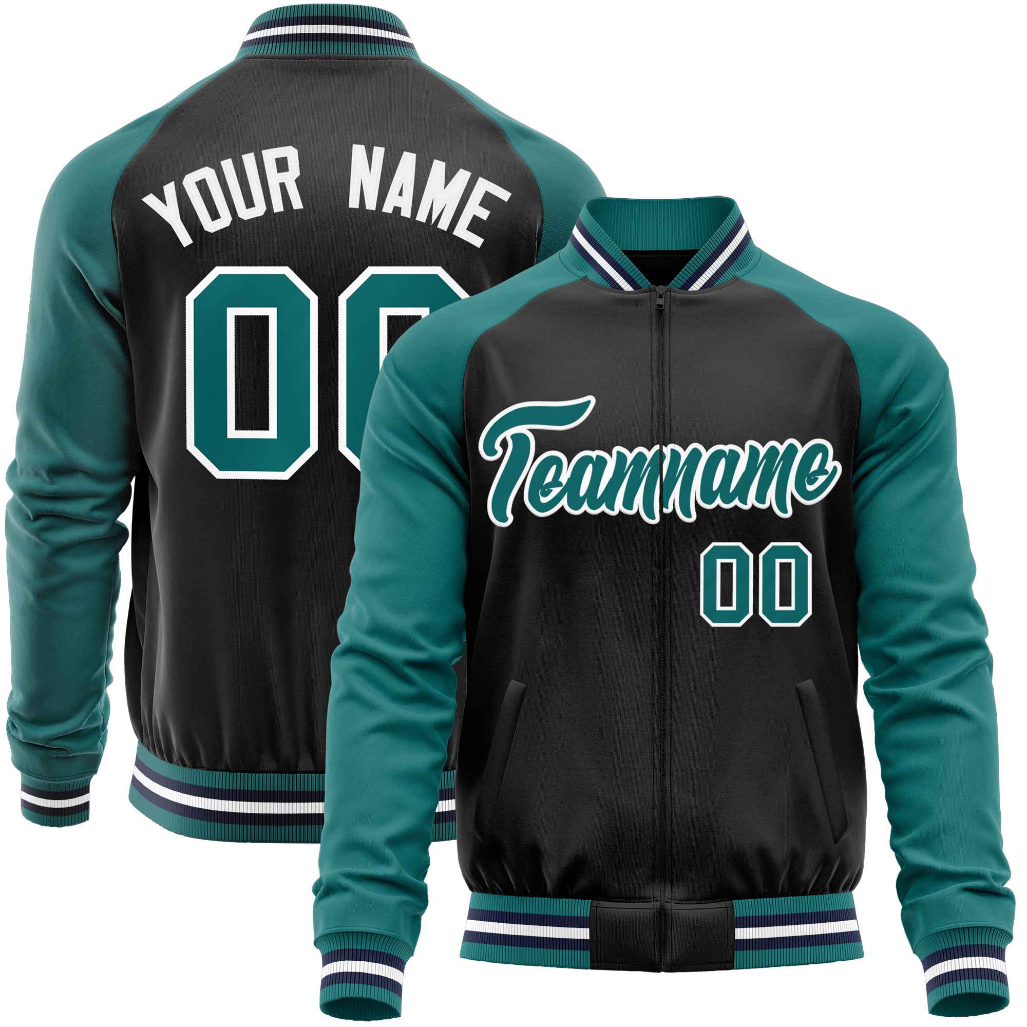 Custom Black Aqua Varsity Full-Zip Raglan Sleeves Letterman Baseball Jacket