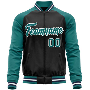 Custom Black Aqua Varsity Full-Zip Raglan Sleeves Letterman Baseball Jacket