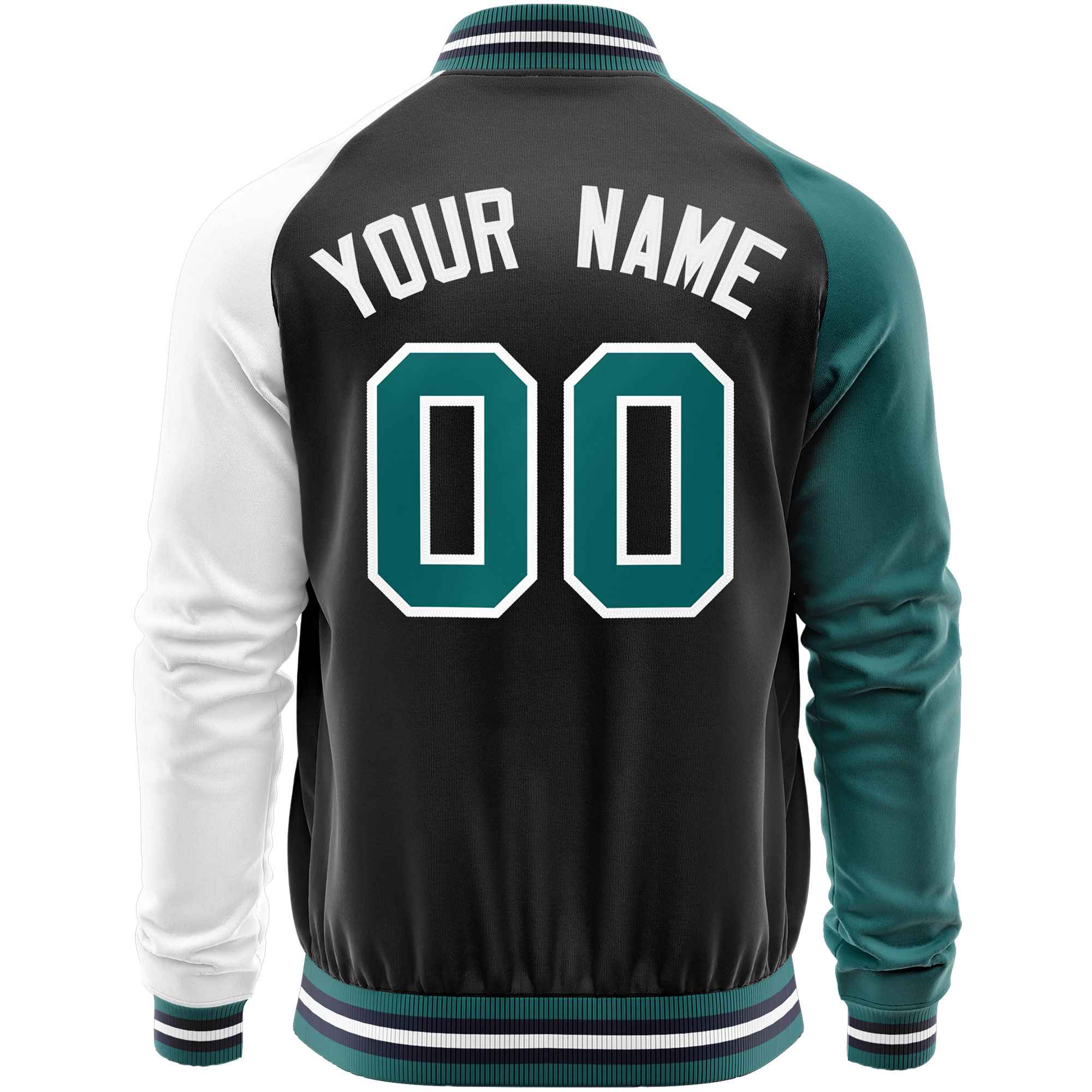 Custom Black White-Aqua Varsity Full-Zip Raglan Sleeves Letterman Baseball Jacket