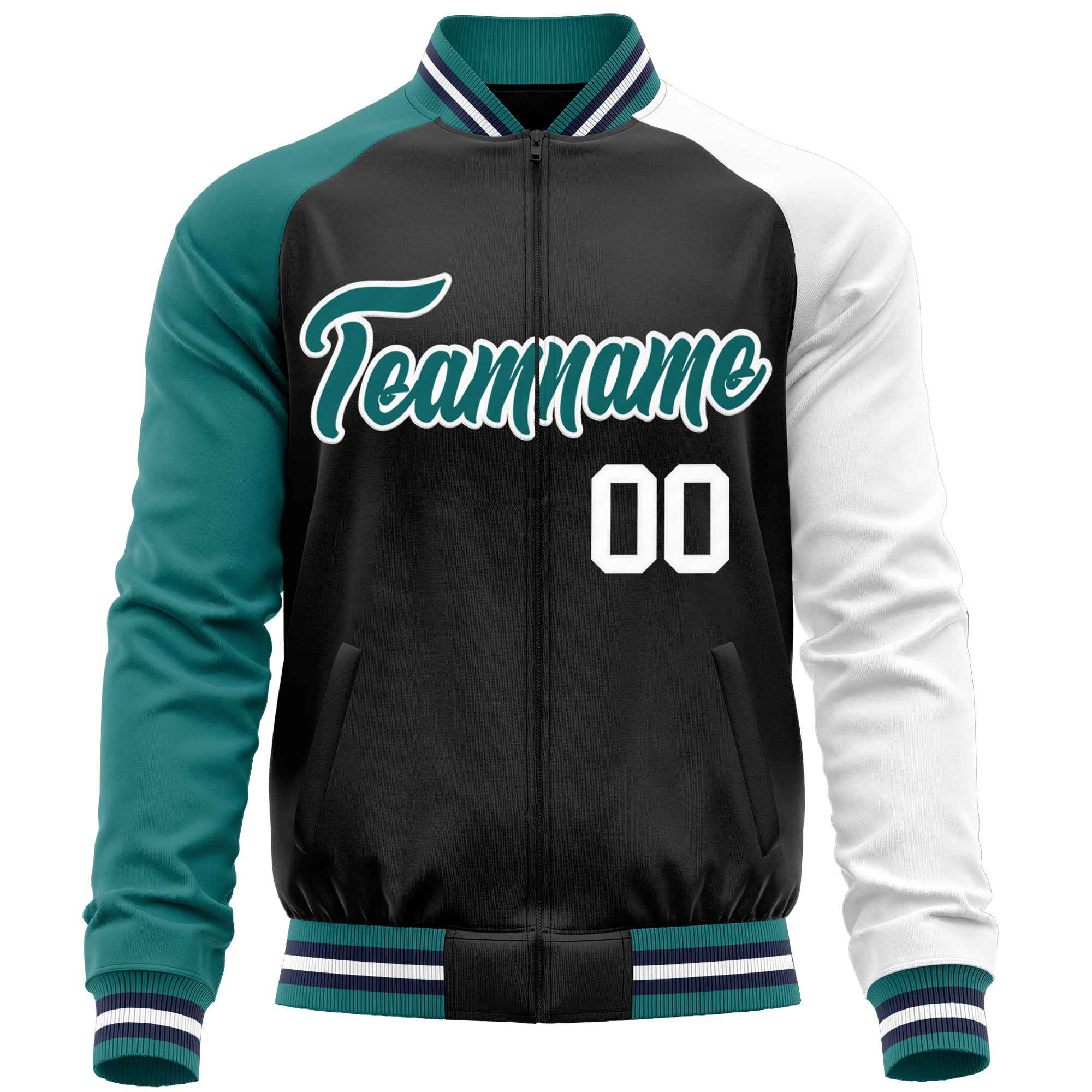 Custom Black White-Aqua Varsity Full-Zip Raglan Sleeves Letterman Baseball Jacket