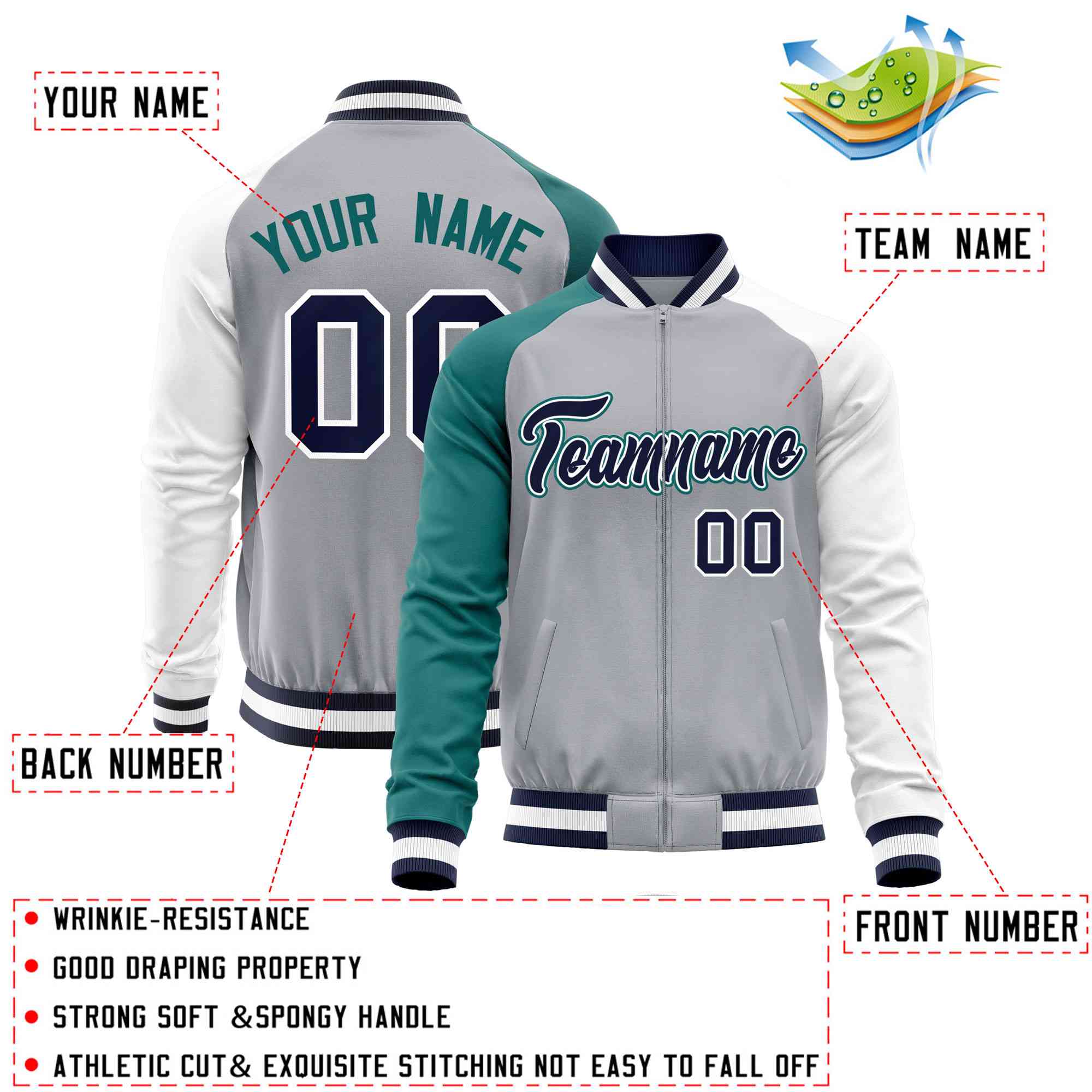 Custom Gray White-Aqua Varsity Full-Zip Raglan Sleeves Letterman Baseball Jacket