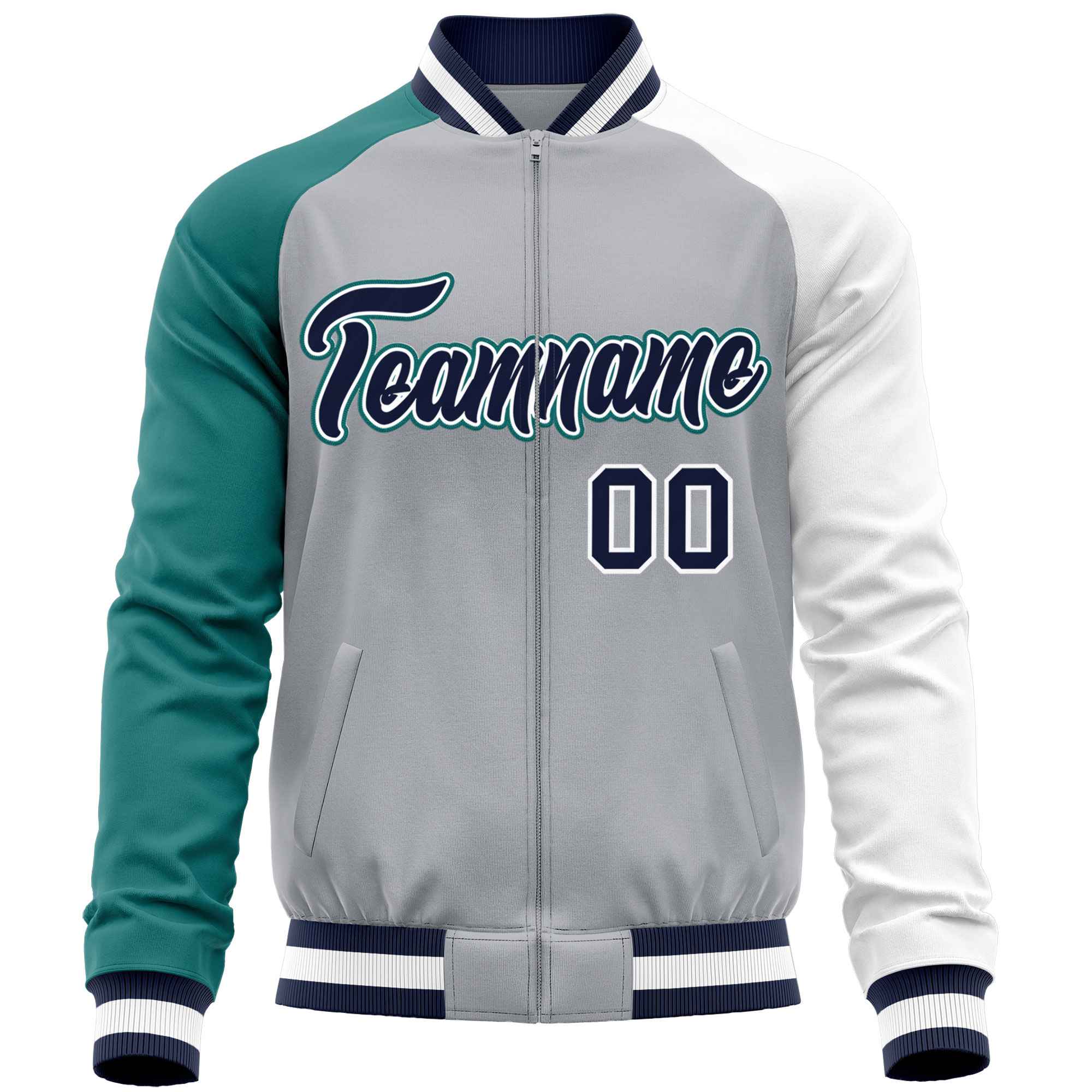 Custom Gray White-Aqua Varsity Full-Zip Raglan Sleeves Letterman Baseball Jacket