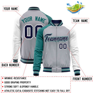 Custom Gray White-Aqua Varsity Full-Zip Raglan Sleeves Letterman Baseball Jacket