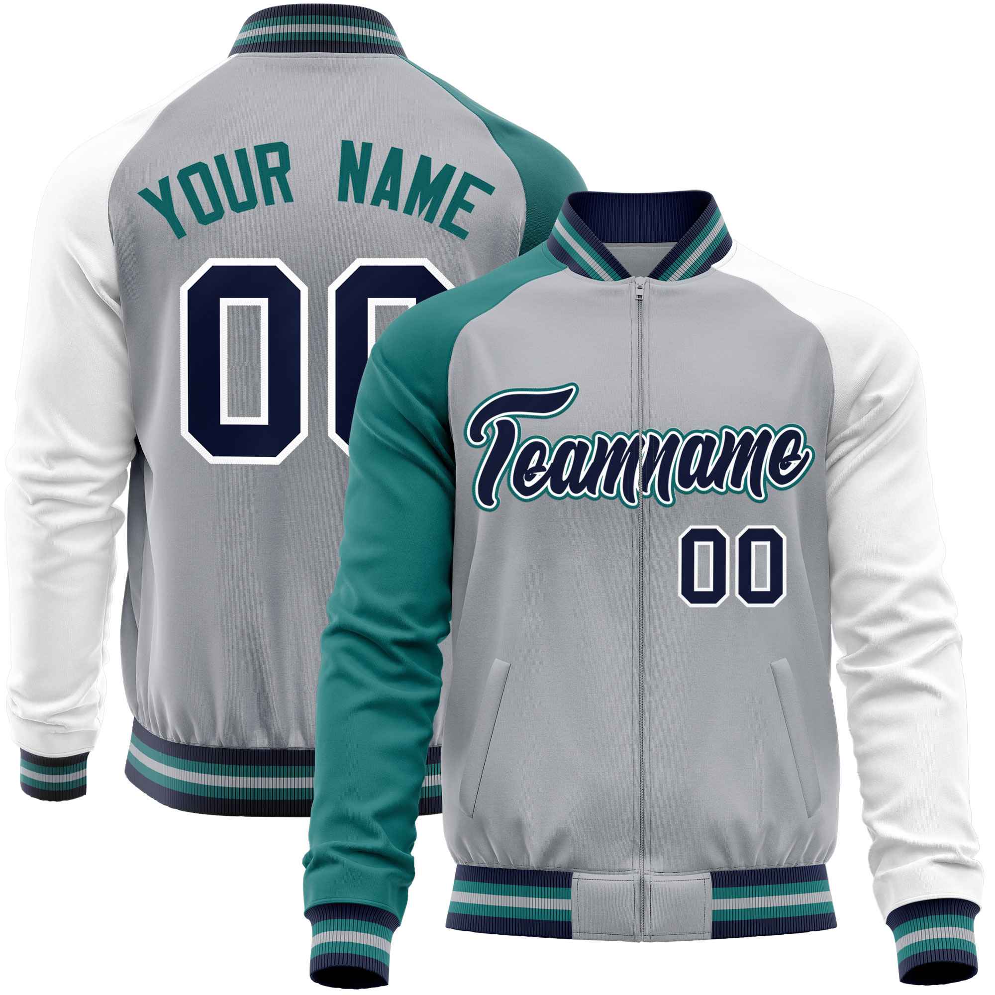 Custom Gray White-Aqua Varsity Full-Zip Raglan Sleeves Letterman Baseball Jacket