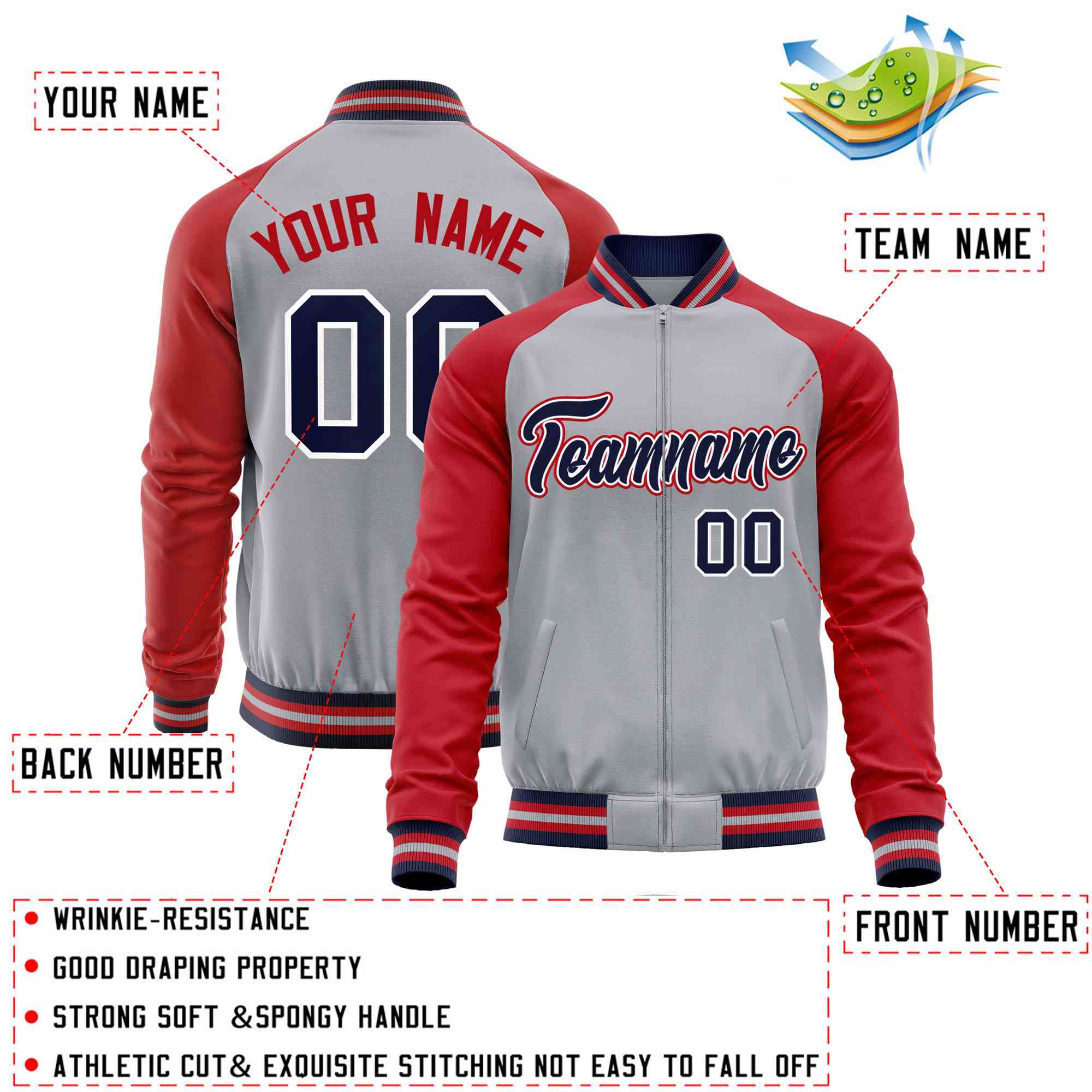 Custom Gray Red Varsity Full-Zip Raglan Sleeves Letterman Baseball Jacket