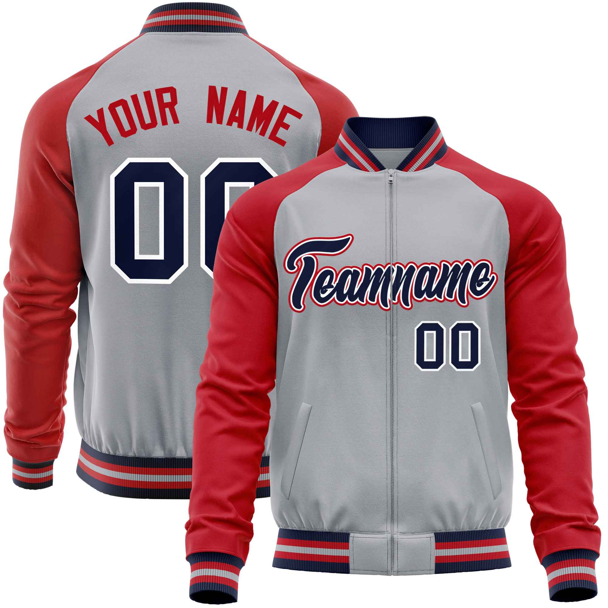 Custom Gray Red Varsity Full-Zip Raglan Sleeves Letterman Baseball Jacket