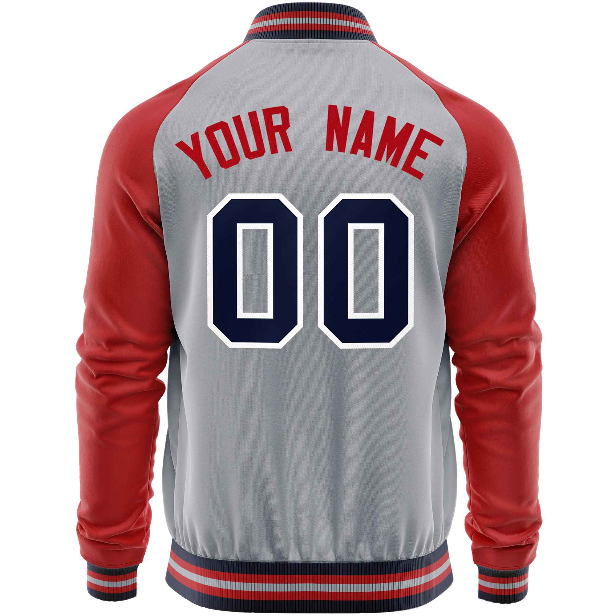 Custom Gray Red Varsity Full-Zip Raglan Sleeves Letterman Baseball Jacket