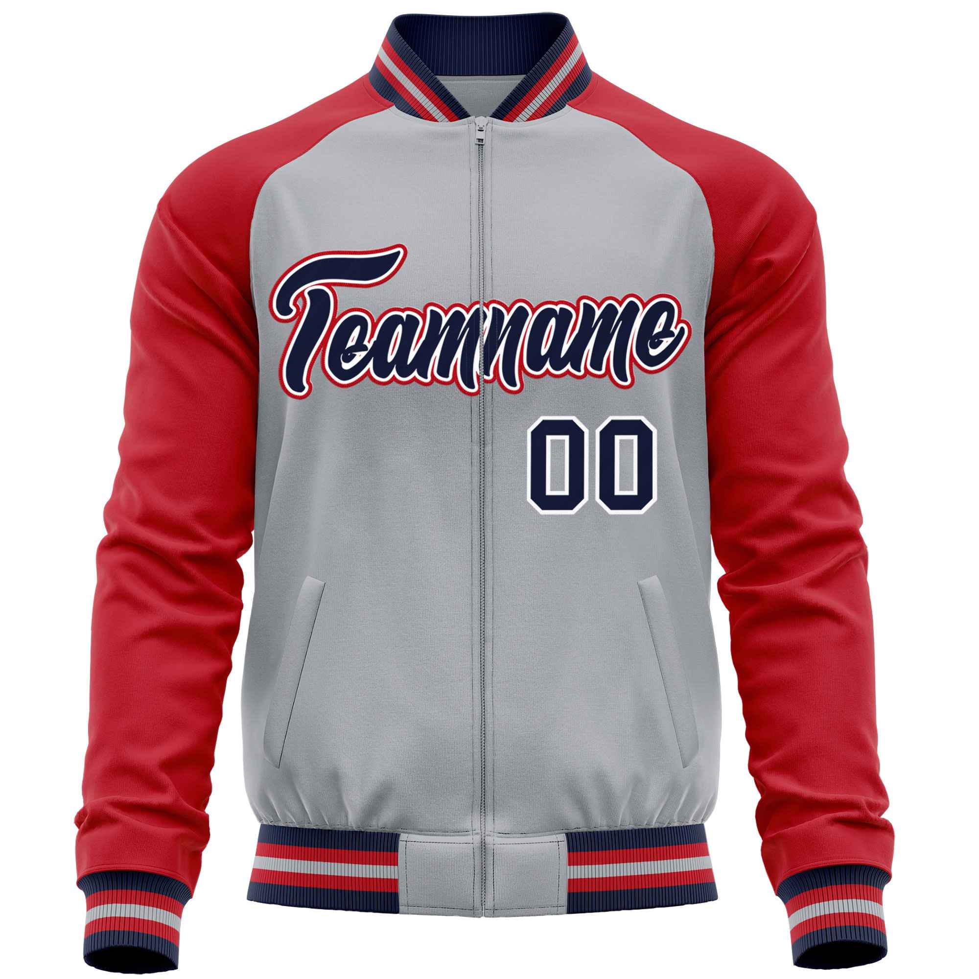 Custom Gray Red Varsity Full-Zip Raglan Sleeves Letterman Baseball Jacket