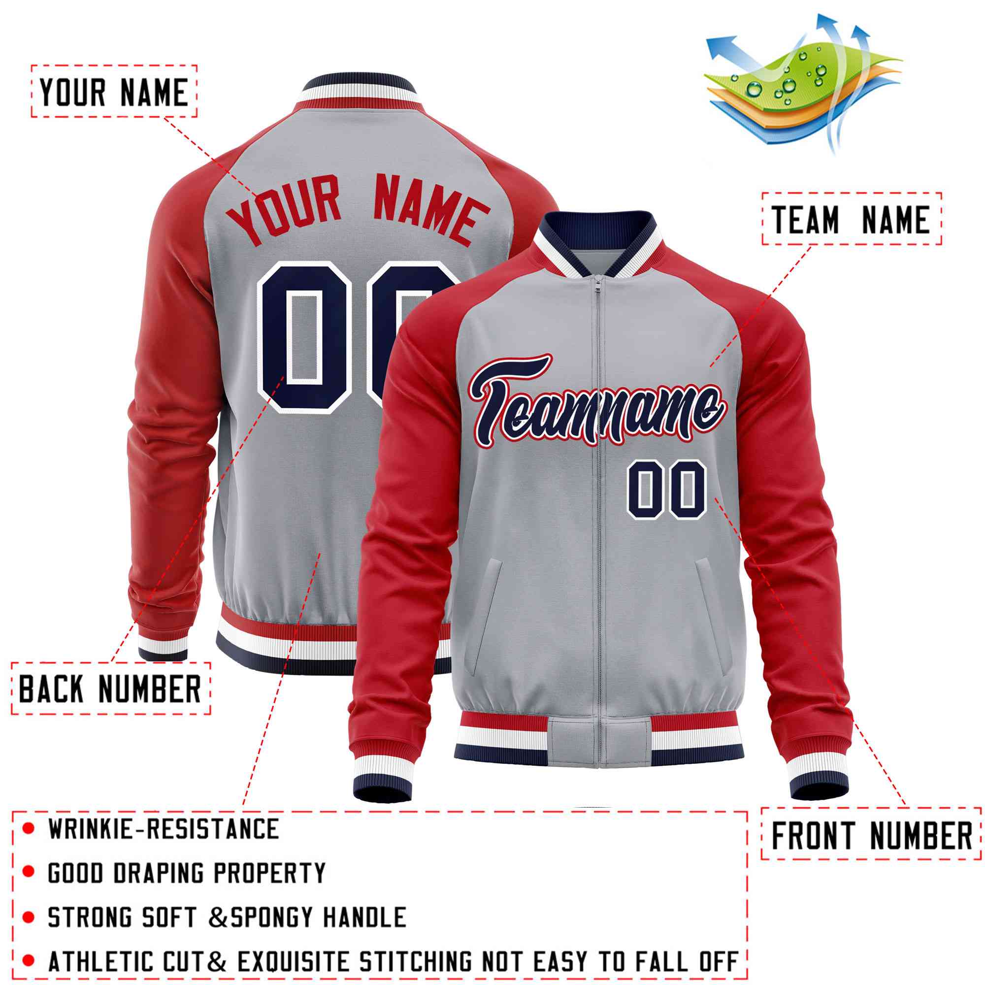 Custom Gray Red Varsity Full-Zip Raglan Sleeves Letterman Baseball Jacket