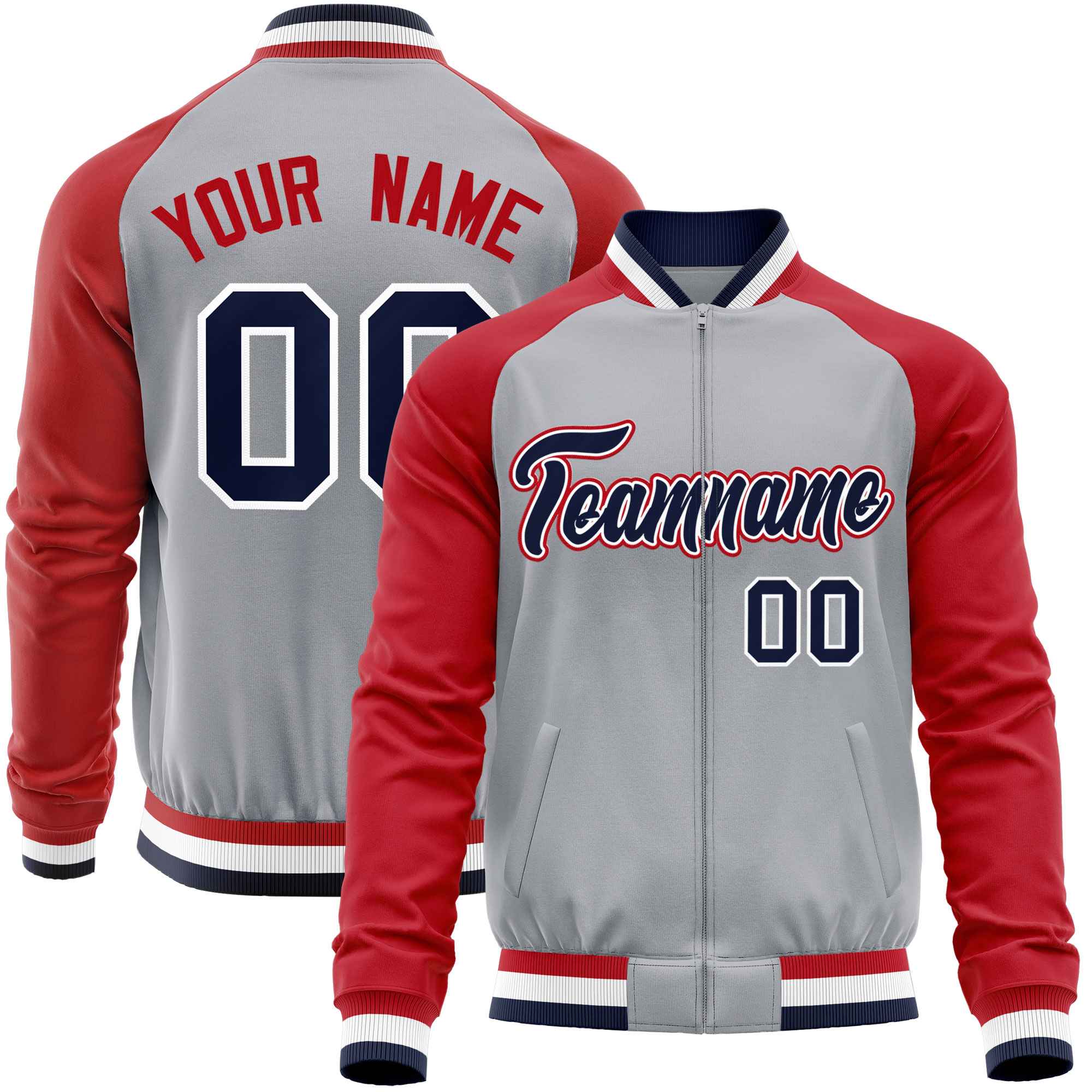 Custom Gray Red Varsity Full-Zip Raglan Sleeves Letterman Baseball Jacket