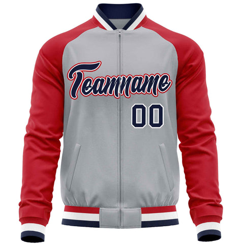 Custom Gray Red Varsity Full-Zip Raglan Sleeves Letterman Baseball Jacket