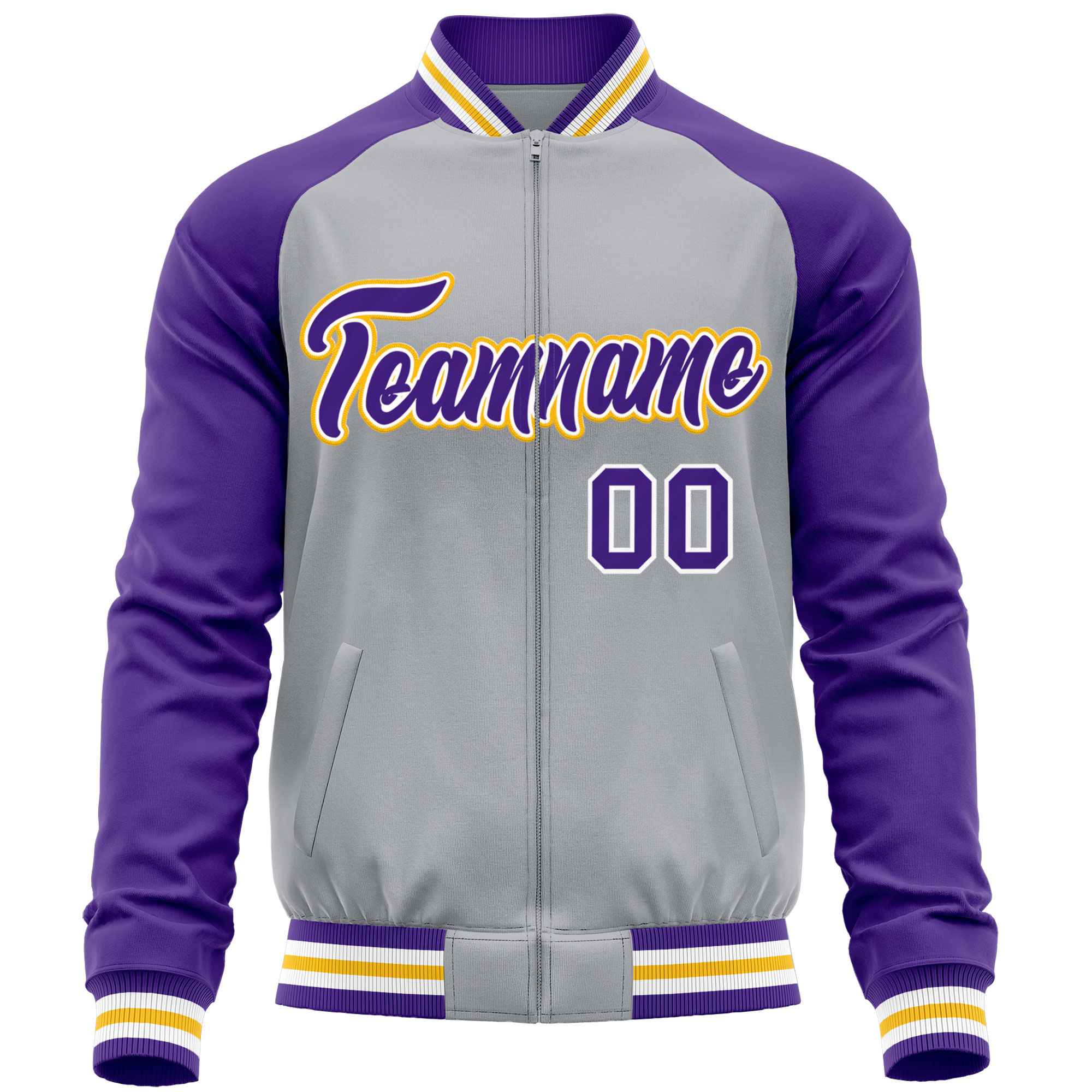 Custom Gray Purple Varsity Full-Zip Raglan Sleeves Letterman Baseball Jacket