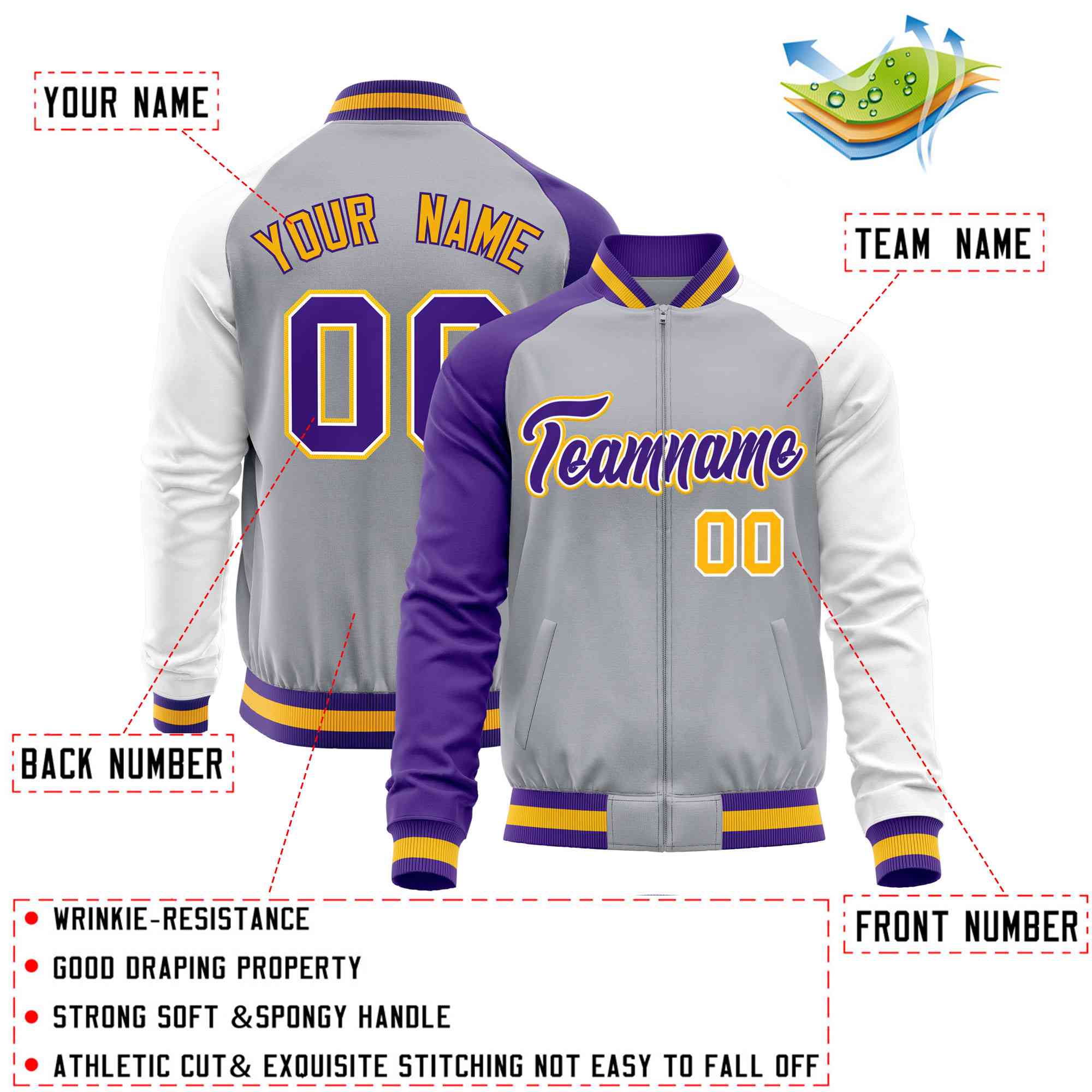 Custom Gray White-Purple Varsity Full-Zip Raglan Sleeves Letterman Baseball Jacket