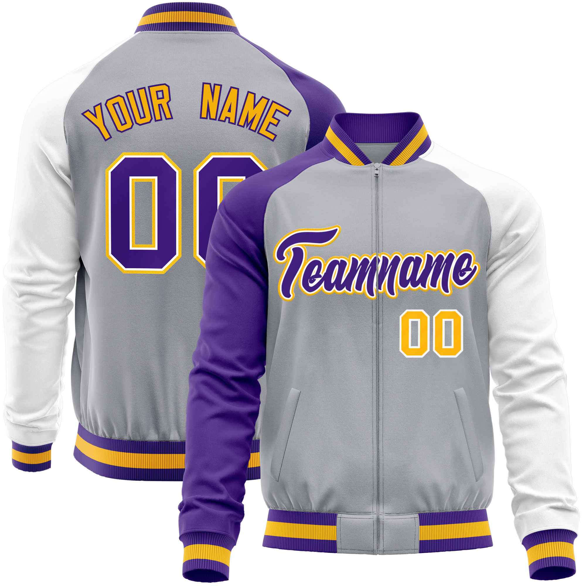 Custom Gray White-Purple Varsity Full-Zip Raglan Sleeves Letterman Baseball Jacket