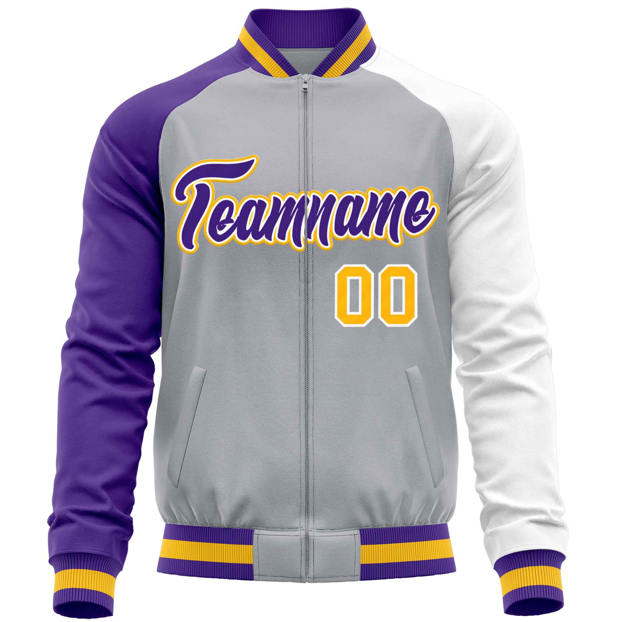 Custom Gray White-Purple Varsity Full-Zip Raglan Sleeves Letterman Baseball Jacket