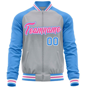 Custom Gray Powder Blue Varsity Full-Zip Raglan Sleeves Letterman Baseball Jacket