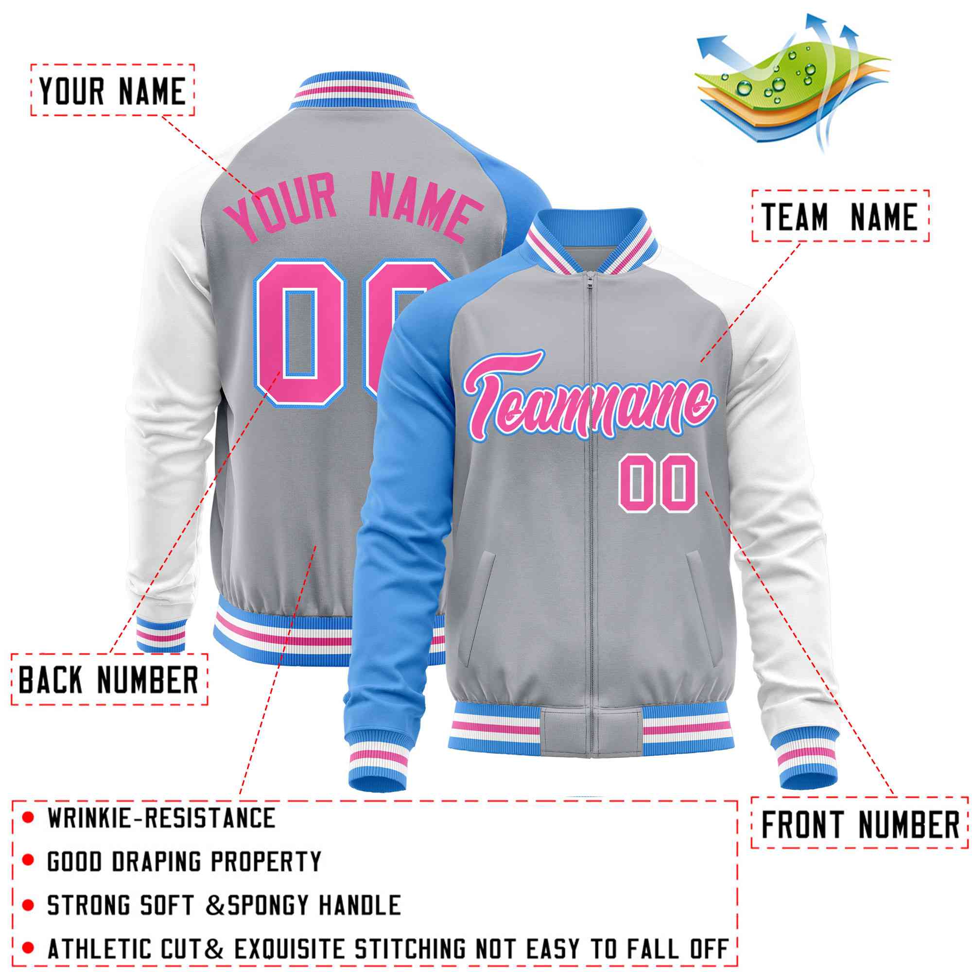 Custom Gray White-Powder Blue Varsity Full-Zip Raglan Sleeves Letterman Baseball Jacket