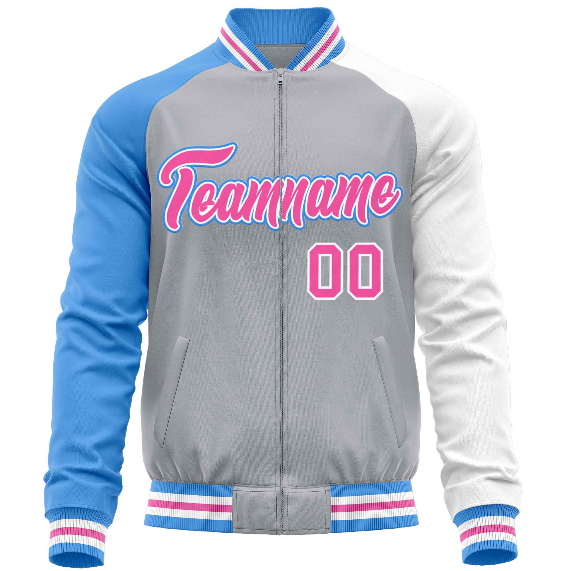 Custom Gray White-Powder Blue Varsity Full-Zip Raglan Sleeves Letterman Baseball Jacket