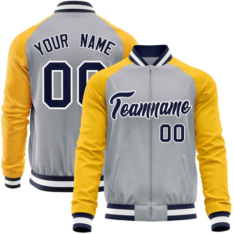 Custom Gray Yellow Varsity Full-Zip Raglan Sleeves Letterman Baseball Jacket