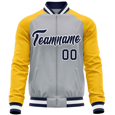 Custom Gray Yellow Varsity Full-Zip Raglan Sleeves Letterman Baseball Jacket