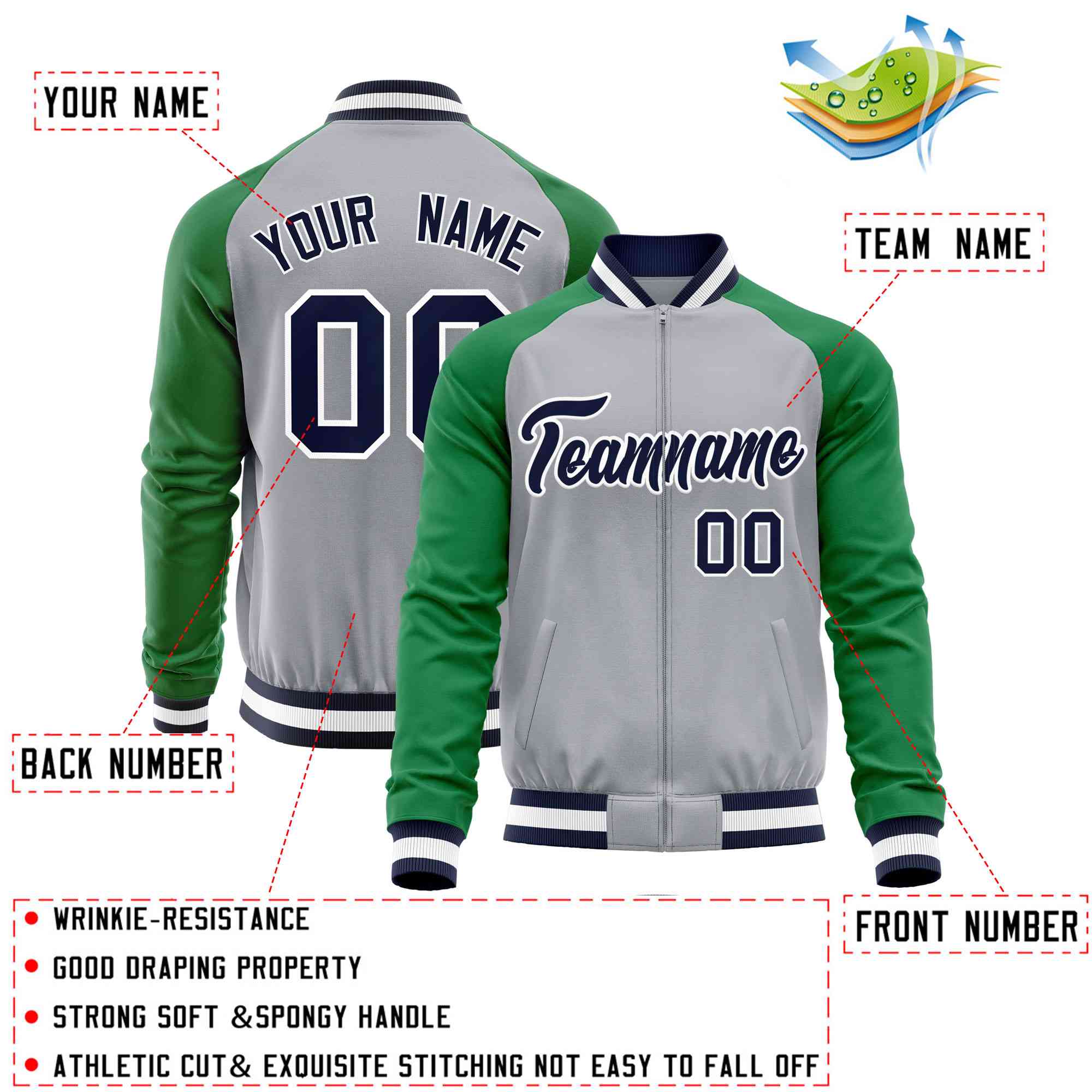 Custom Gray Kelly Green Varsity Full-Zip Raglan Sleeves Letterman Baseball Jacket