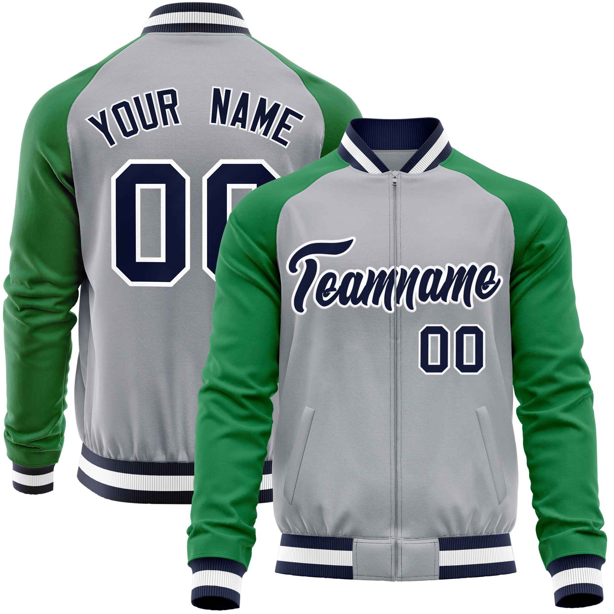 Custom Gray Kelly Green Varsity Full-Zip Raglan Sleeves Letterman Baseball Jacket