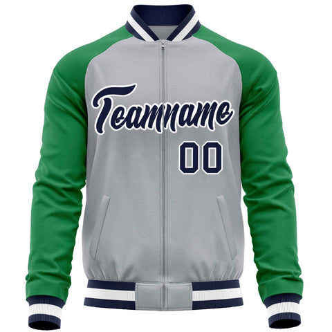 Custom Gray Kelly Green Varsity Full-Zip Raglan Sleeves Letterman Baseball Jacket