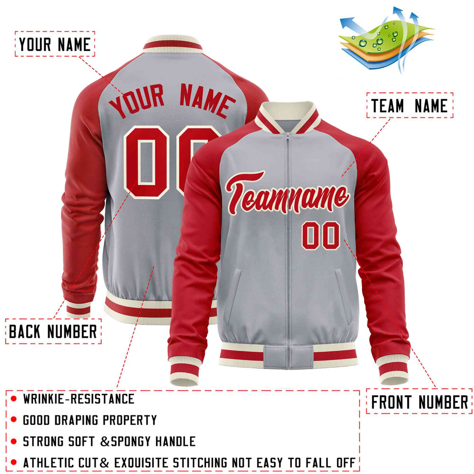 Custom Gray Red Varsity Full-Zip Raglan Sleeves Letterman Baseball Jacket