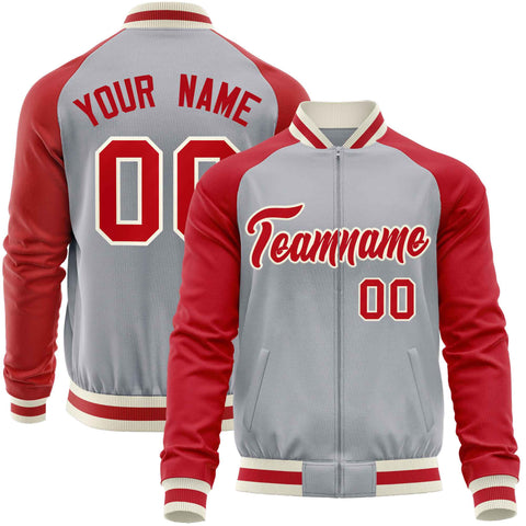 Custom Gray Red Varsity Full-Zip Raglan Sleeves Letterman Baseball Jacket