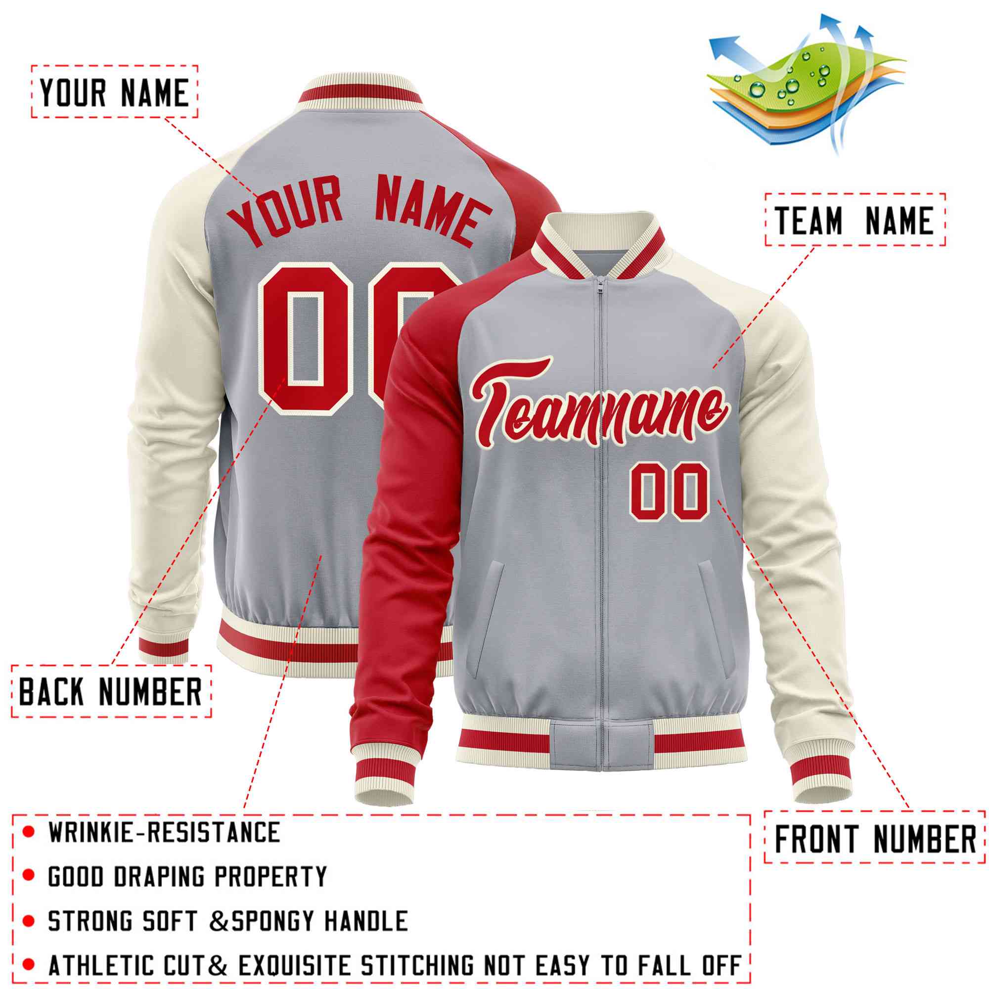 Custom Gray Cream-Red Varsity Full-Zip Raglan Sleeves Letterman Baseball Jacket