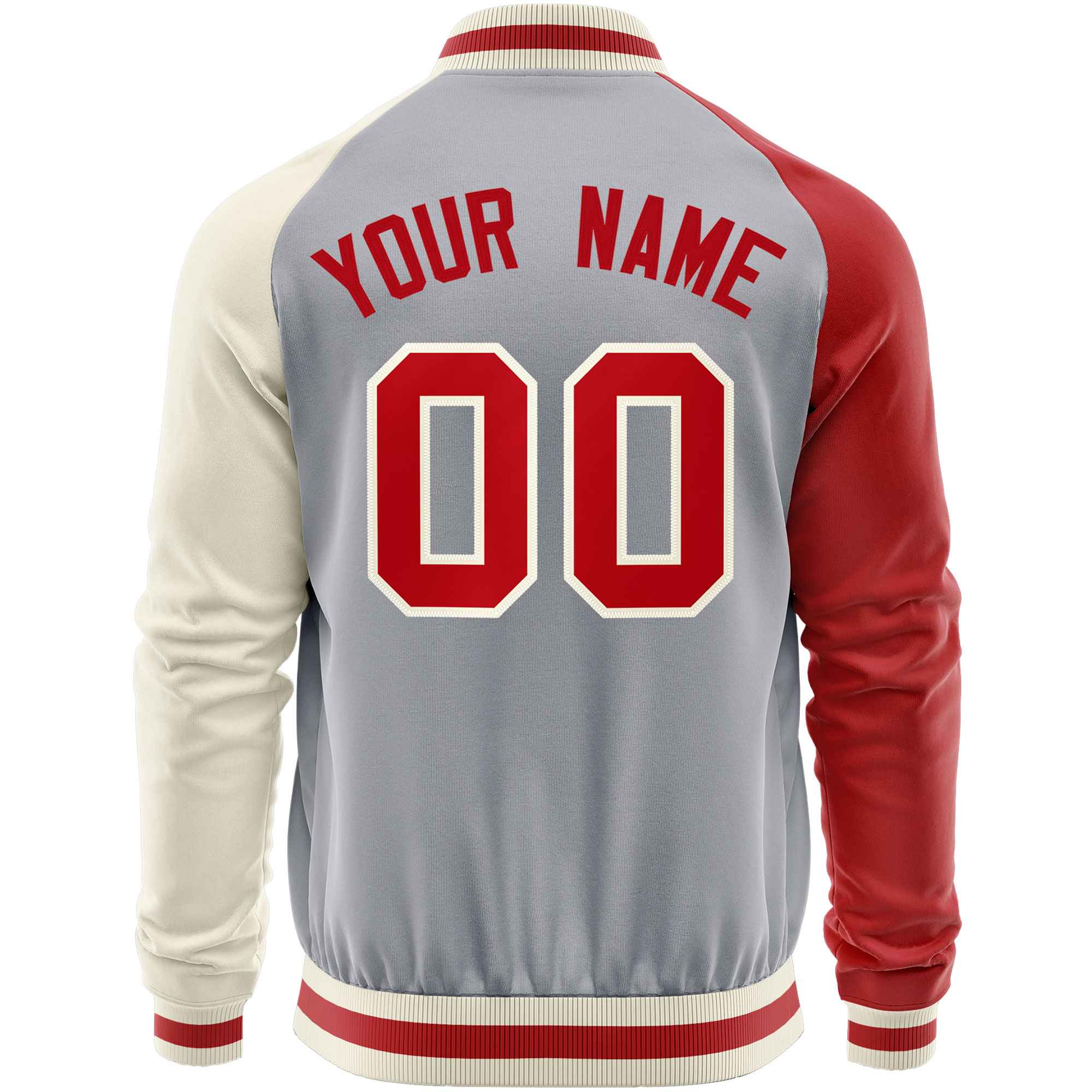 Custom Gray Cream-Red Varsity Full-Zip Raglan Sleeves Letterman Baseball Jacket