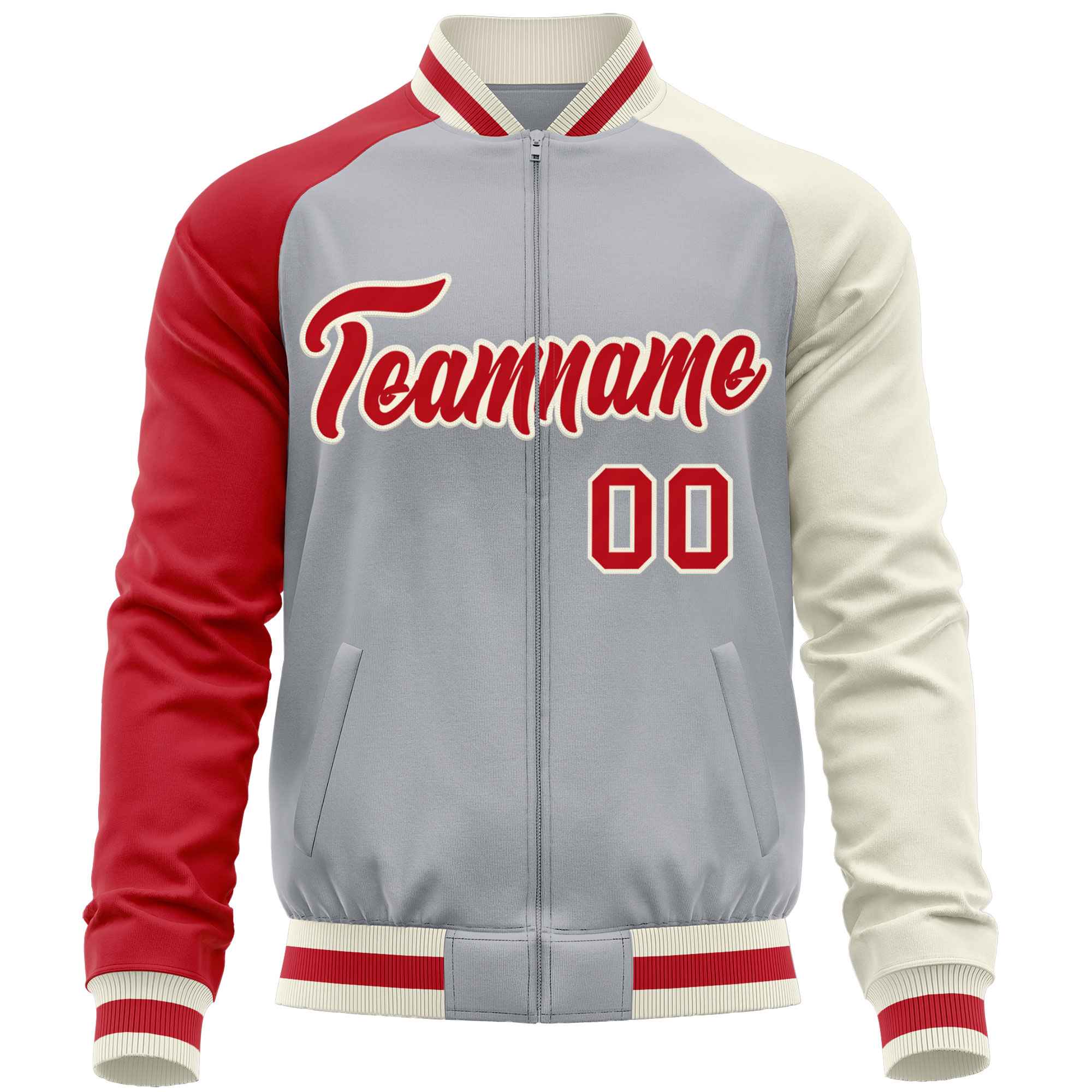 Custom Gray Cream-Red Varsity Full-Zip Raglan Sleeves Letterman Baseball Jacket