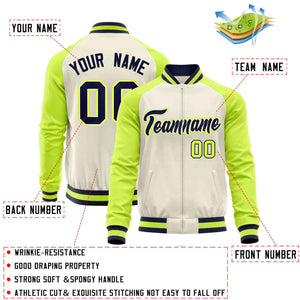 Custom Cream Neon Green Varsity Full-Zip Raglan Sleeves Letterman Baseball Jacket