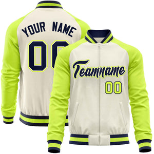 Custom Cream Neon Green Varsity Full-Zip Raglan Sleeves Letterman Baseball Jacket